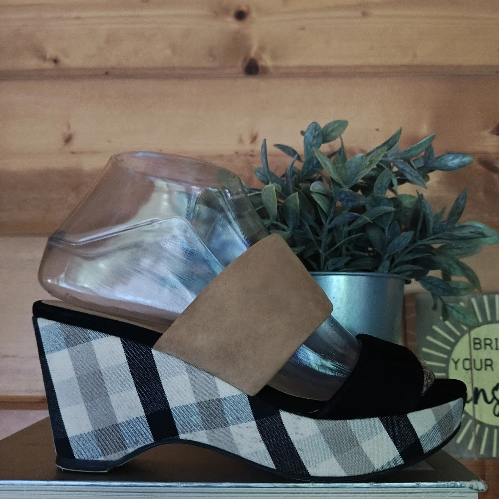 Sacha London Kali Leather Plaid Fabric Slip On Platform Wedge Heels Sandals Sz 6